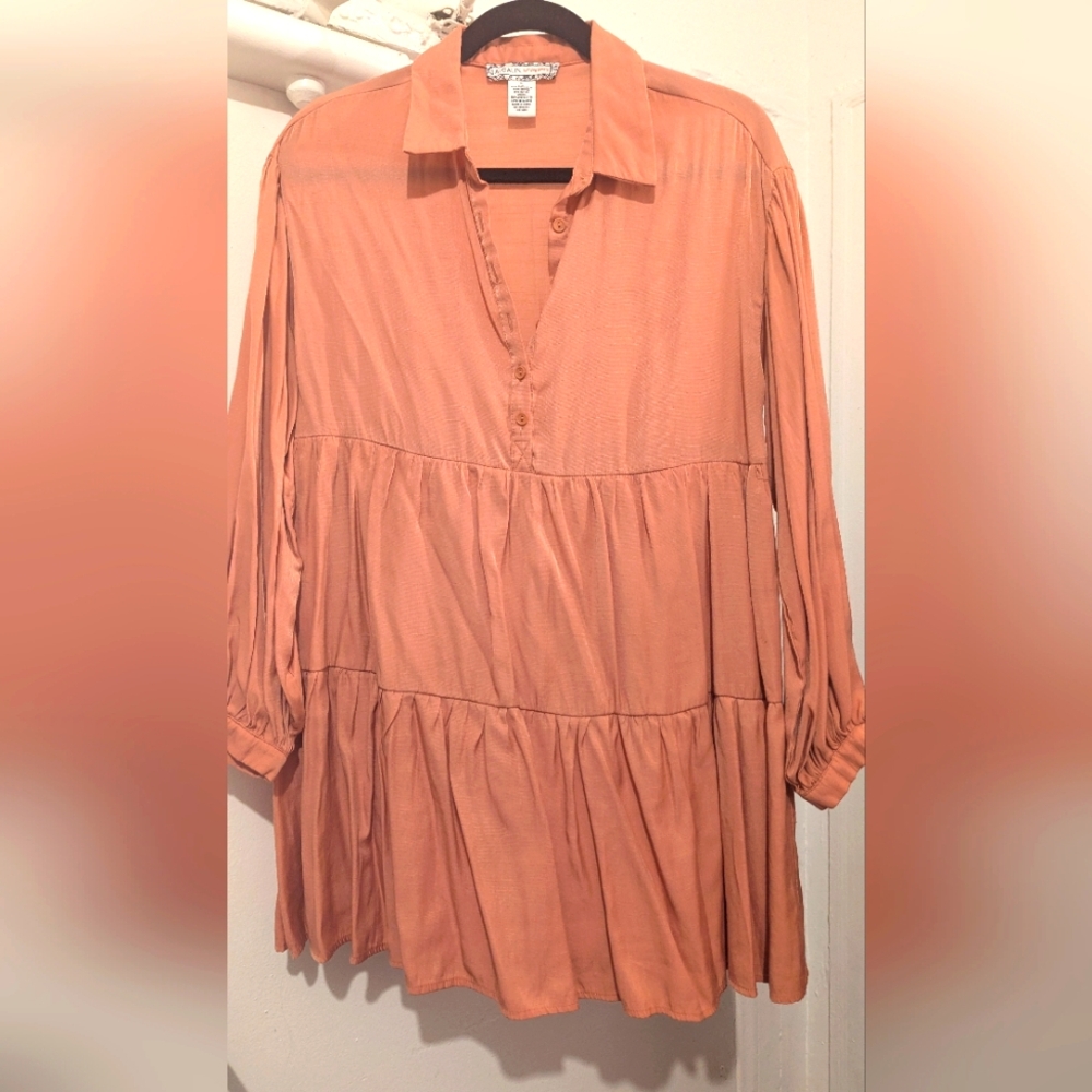 Women's Peach Long Sleeve Button-Down Baby Doll Dress Size Small